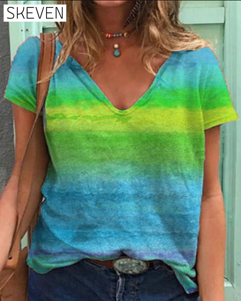 T-shirt décontracté à col en V et manches courtes imprimé arc-en-ciel