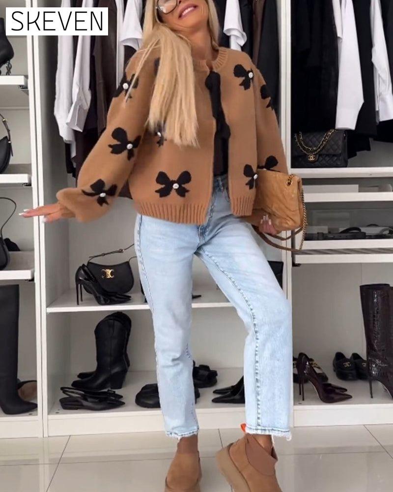 Bow beaded lace-up cardigan