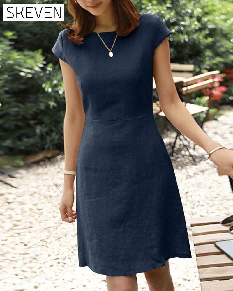Cotton and linen solid color short-sleeved dress Dark blue 23BF Casual Dresses Clothes Cotton and Linen Dresses Summer