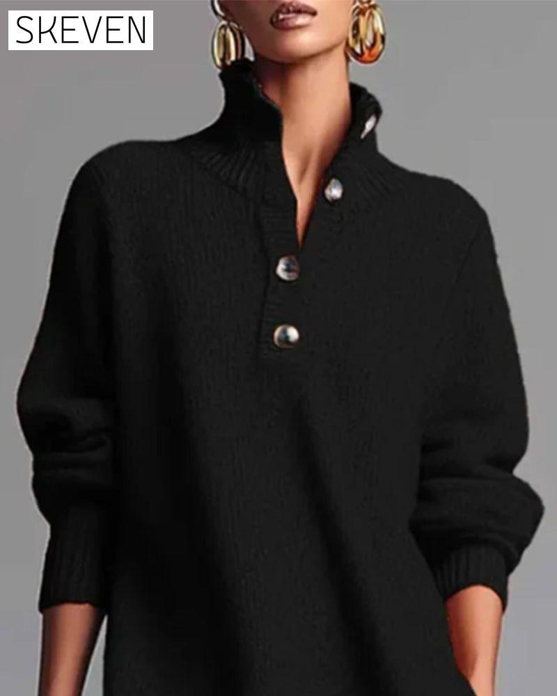 Solid Color Button High Neck Dress