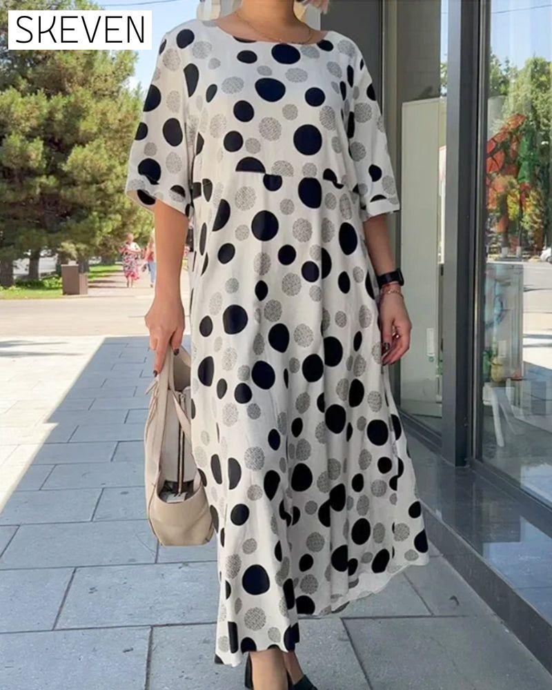 Round Neck Polka Dot Print Dress White Casual Dresses Clothes Dresses SALE Spring Summer