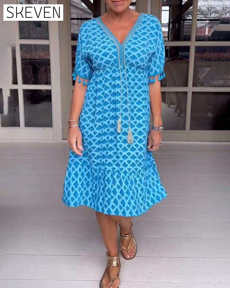 Printed v-neck fringed dress
