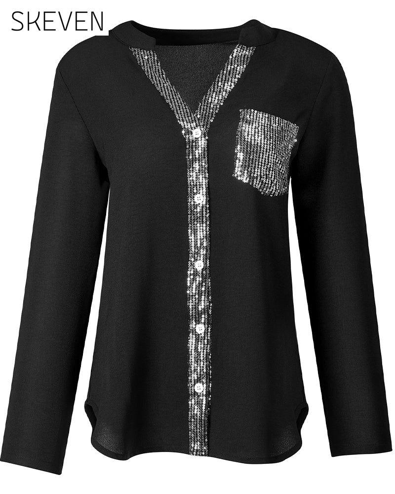 Paneled sequin button casual top