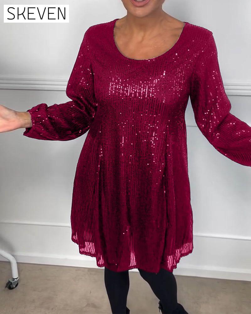 Elegantes, paillettenbesetztes A-Linien-Kleid mit Laternenärmeln