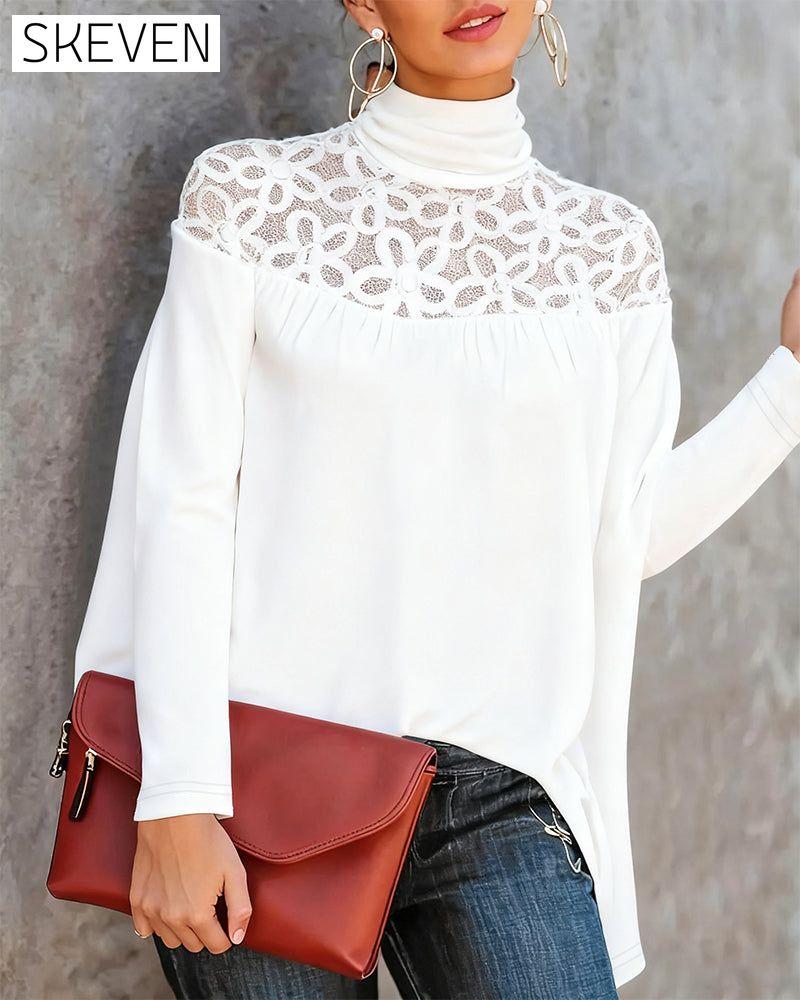 Turtleneck Lace Sheer Knit Top