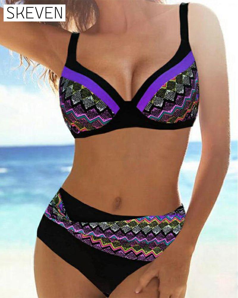 Hög Midja Push-up-Bikinis mit Streifendruck