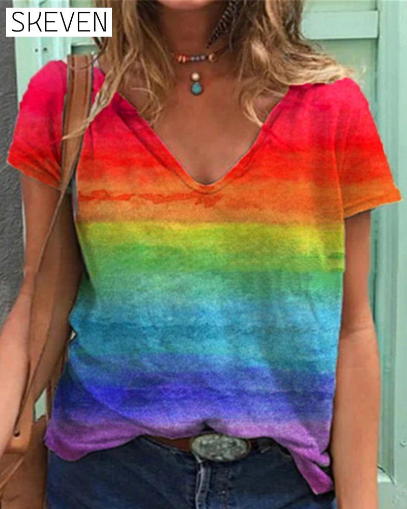 T-shirt décontracté à col en V et manches courtes imprimé arc-en-ciel