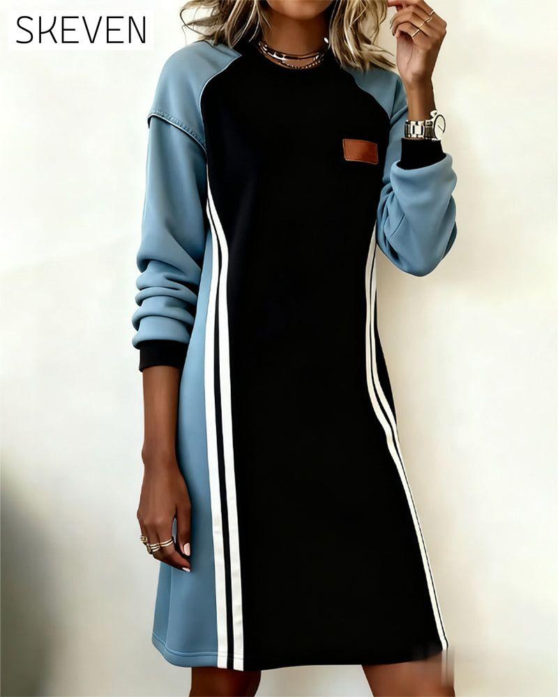 Long-Sleeved Color Block Round Neck Straight Dress