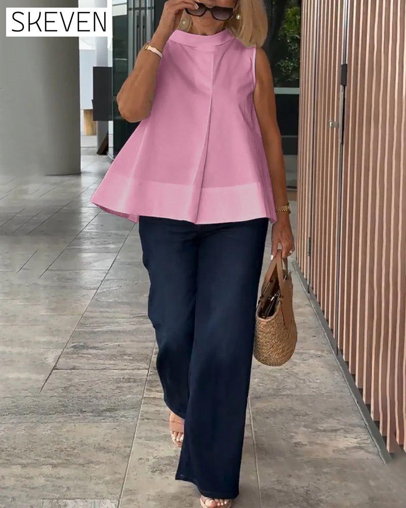 Sleeveless Solid Color Simple Blouse