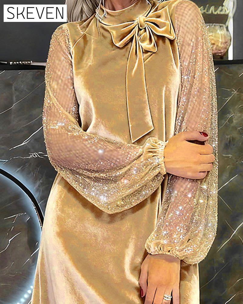 Robe élégante patchwork à manches lanternes