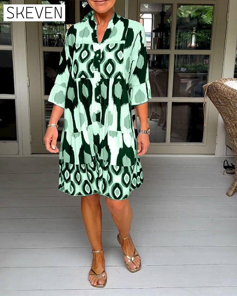 Printed 3/4 Sleeve Dress Green 23BF Casual Dresses Clothes discount Dresses Spring Summer