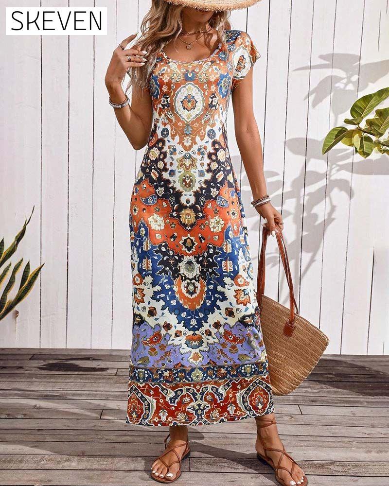 Robe décontractée imprimée colorée avec fentes