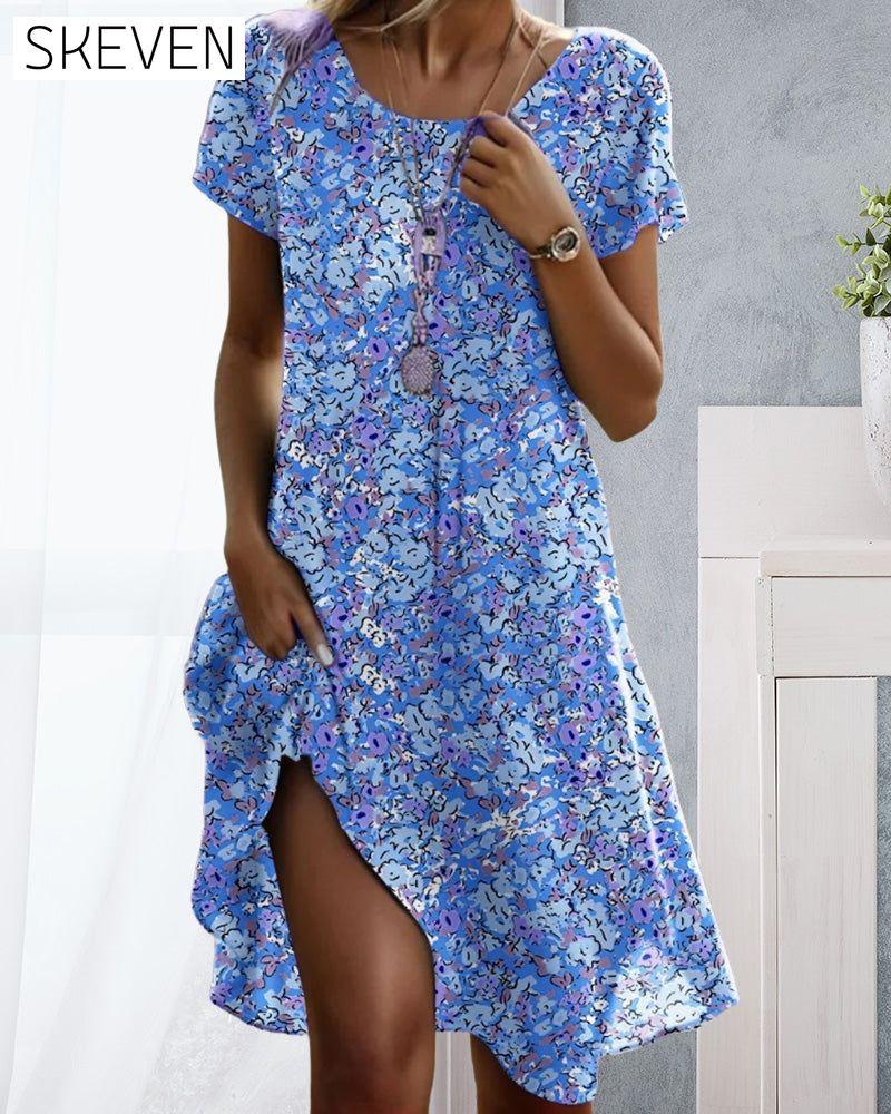 Kleid mit Rundhalsausschnitt, kurzen Ärmeln und Blumenmuster