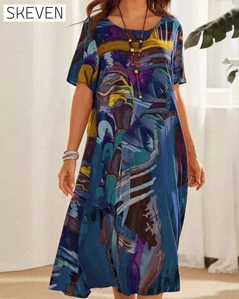 Round Neck Shift Dress in Geometric Print Blue 23BF Casual Dresses Clothes Dresses Spring Summer