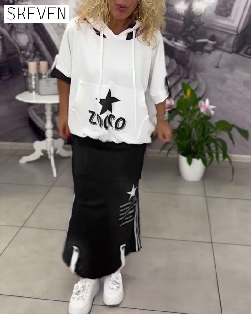 Hooded Drawstring Printed Skirt Set