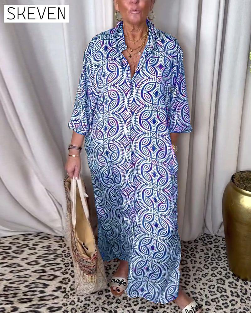Vintage printed lapel pocket maxi dress
