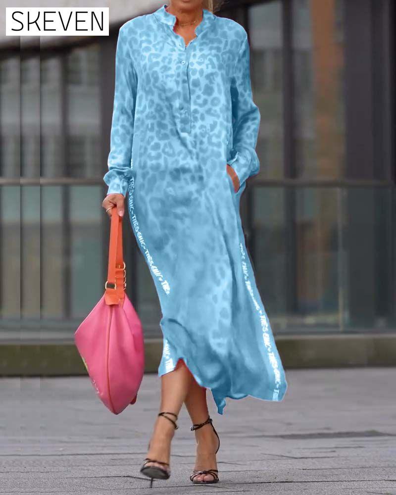 Long-Sleeved Leopard Print Slit Dress