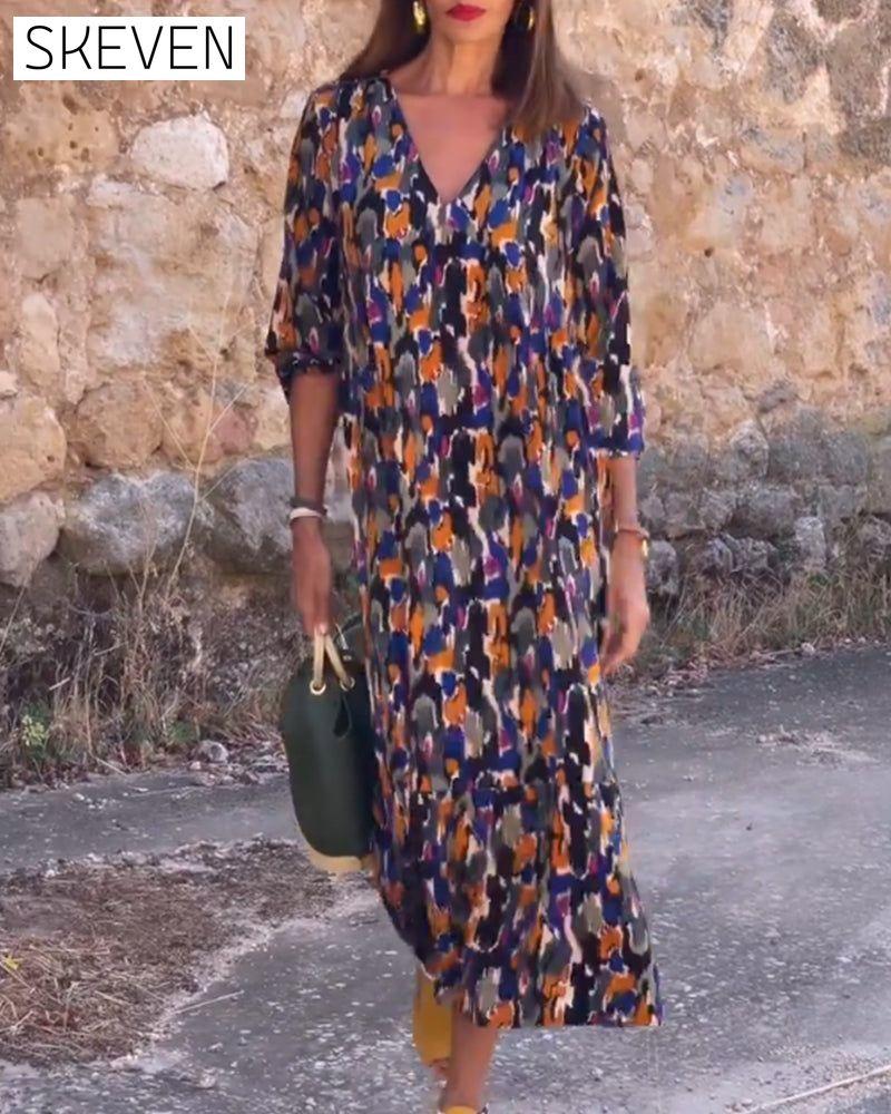 Retro Print v-neck dress Multicolour 23BF Casual Dresses Clothes Dresses Spring Summer vacation dresses