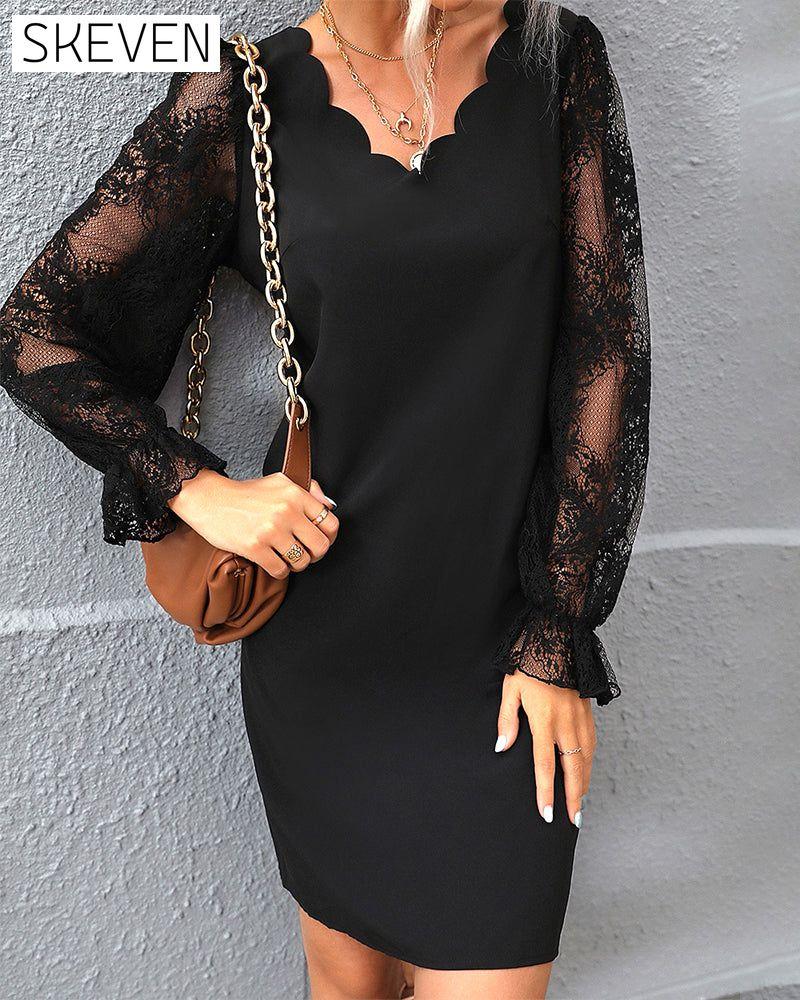 Solid color v neck lace sleeve dress