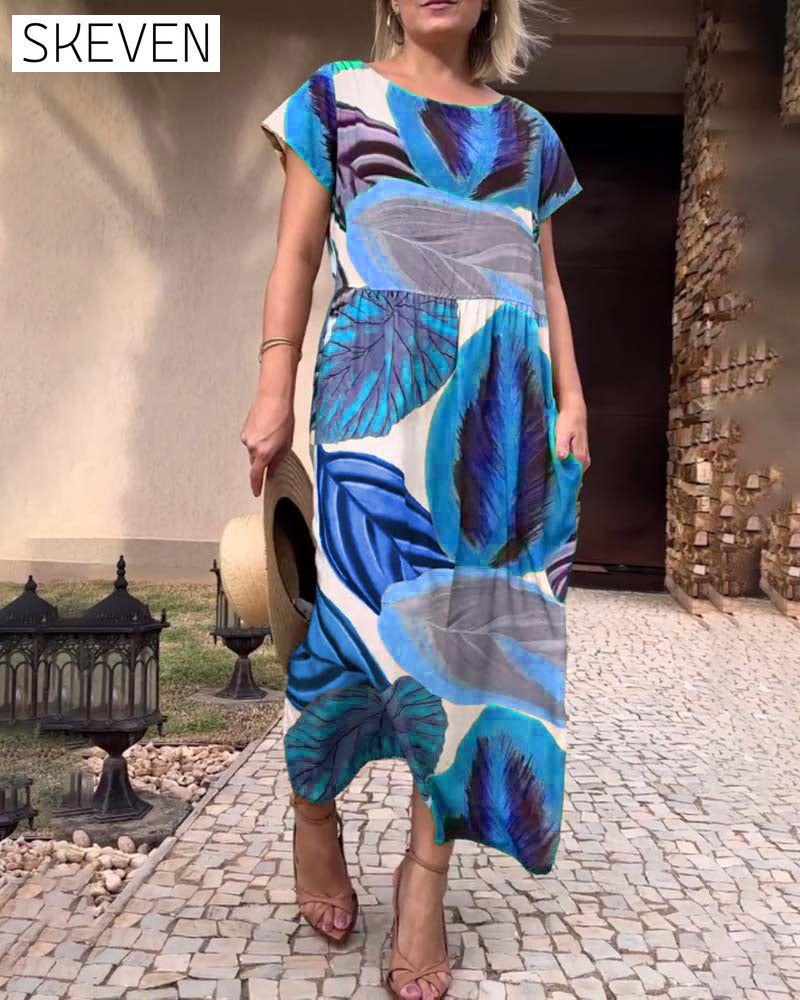 Leaf print short sleeve slit dress