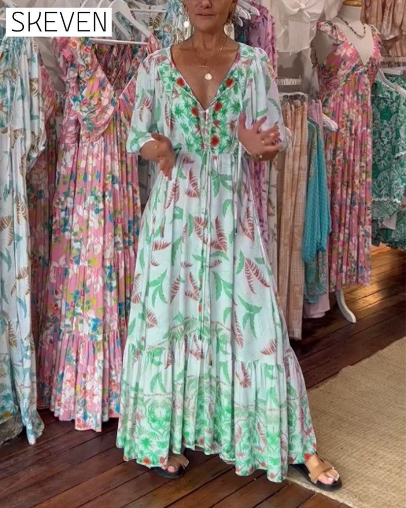 Maxikleid mit V-Ausschnitt und Blätterprint für Damen