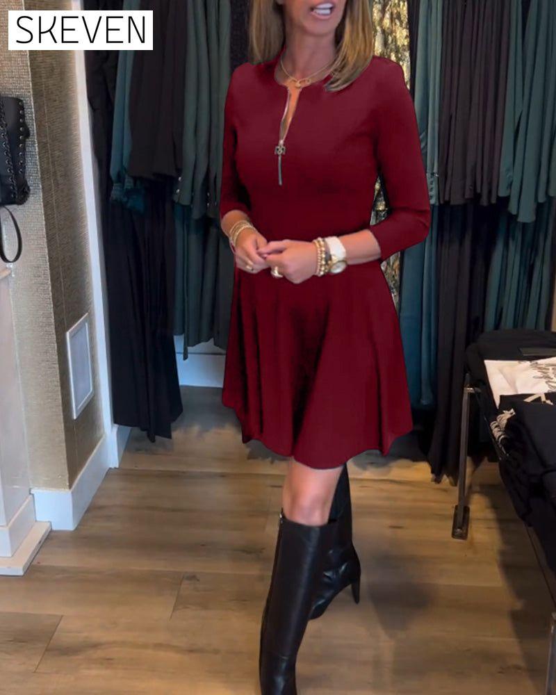 Solid color zipper elegant dress