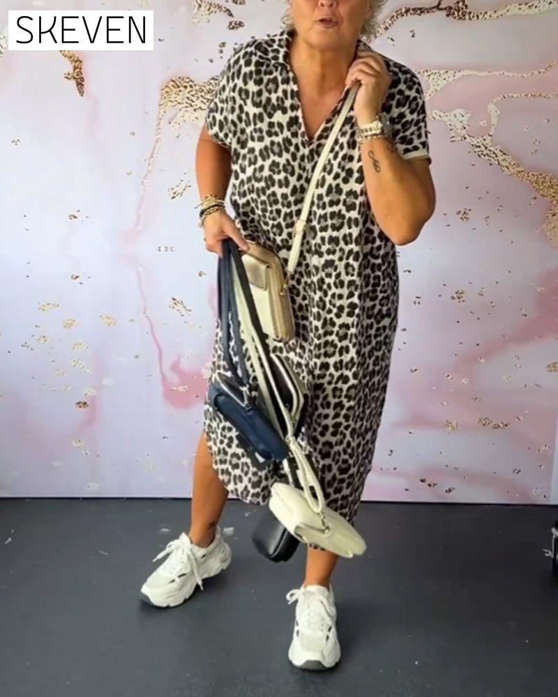 Leopardenmusterkleid mit V-Ausschnitt und kurzen Ärmeln 