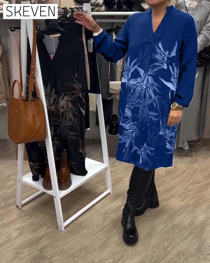 V-Neck Leaf Print Long-Sleeved Dress