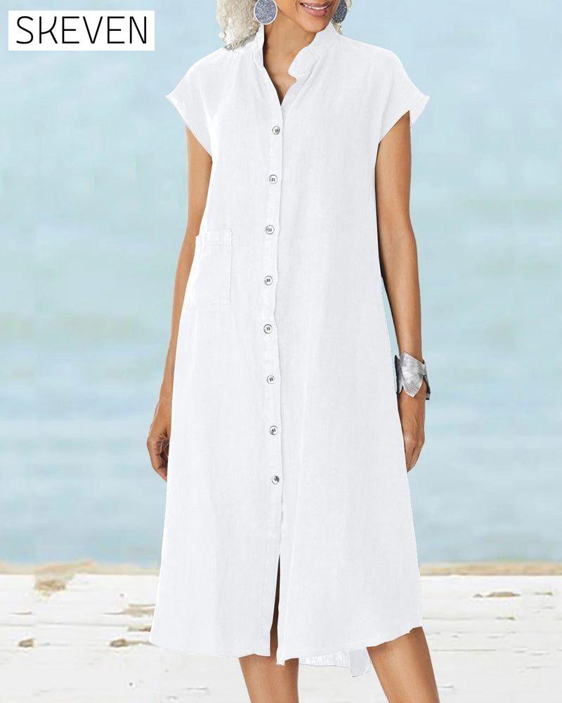 Stand collar single breasted pocket dress White 23BF Casual Dresses Clothes Dresses Summer