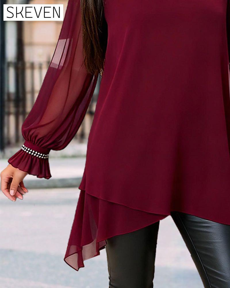 Beaded Puff Sleeve Crew Neck Blouse