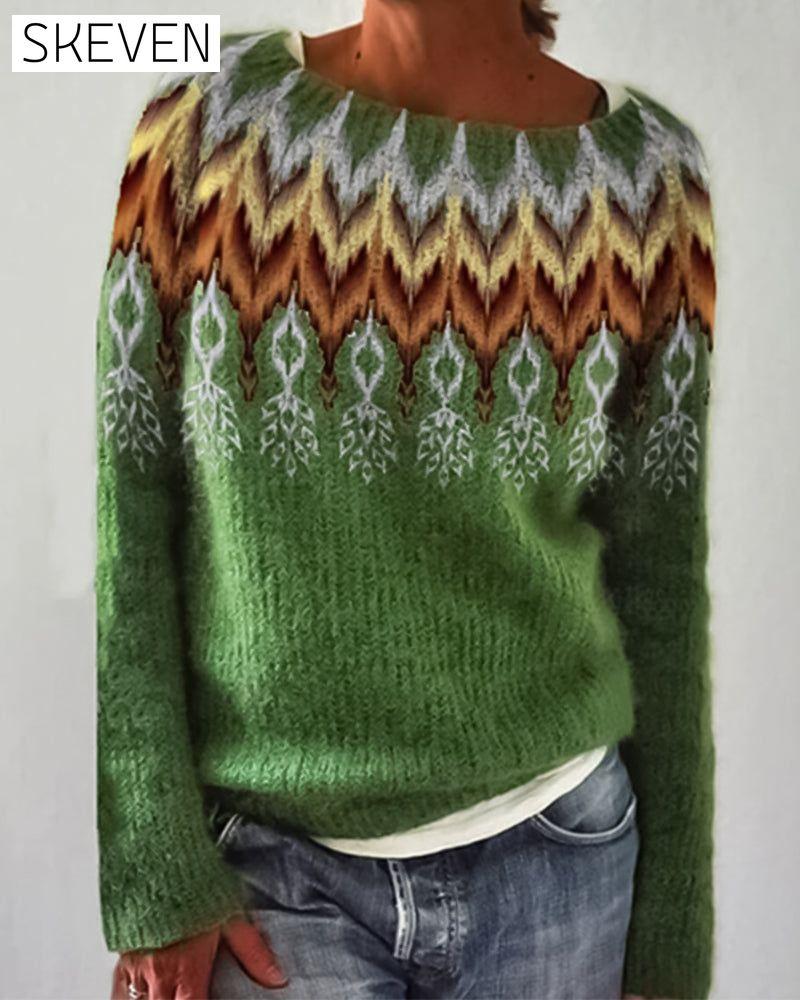 Round neck color block pullover sweater