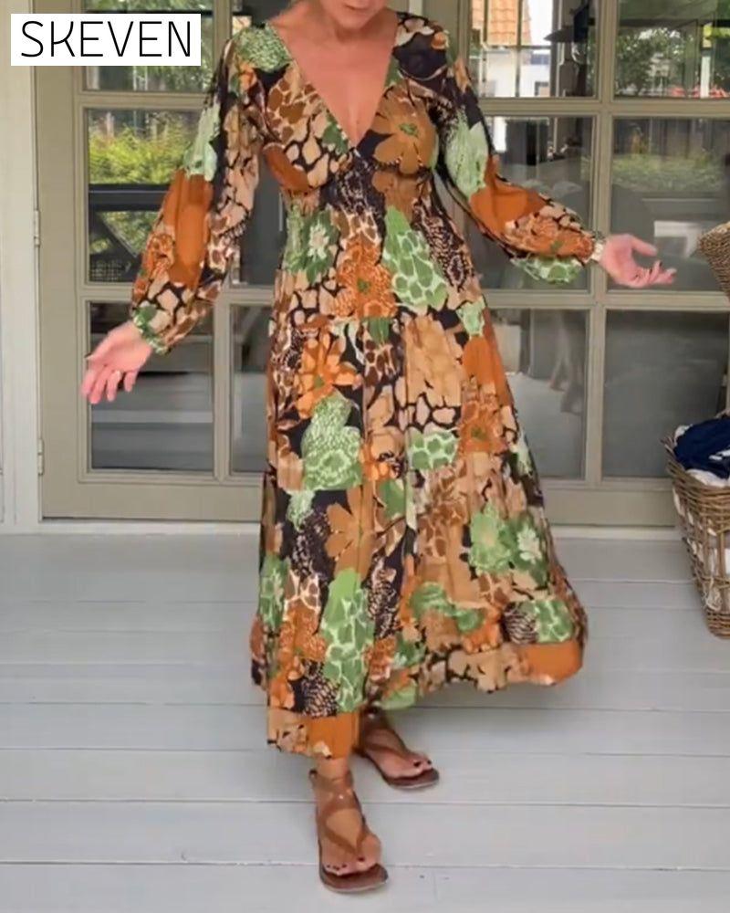 V neck long sleeve print dress