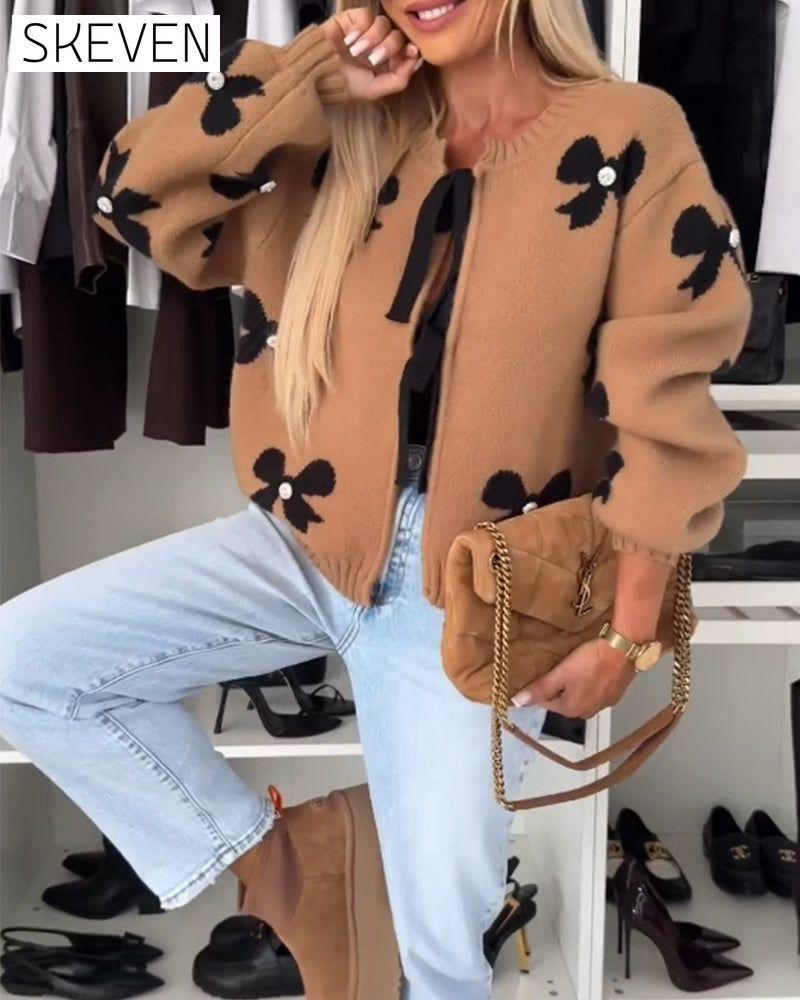 Bow beaded lace-up cardigan