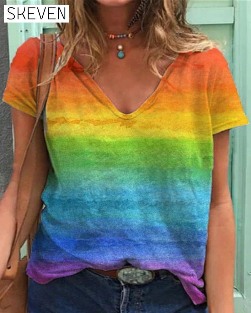 T-shirt décontracté à col en V et manches courtes imprimé arc-en-ciel