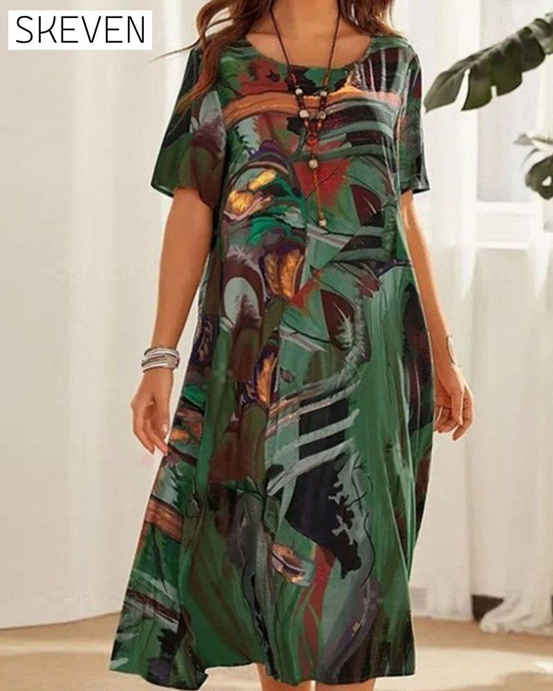 Round Neck Shift Dress in Geometric Print Green 23BF Casual Dresses Clothes Dresses Spring Summer