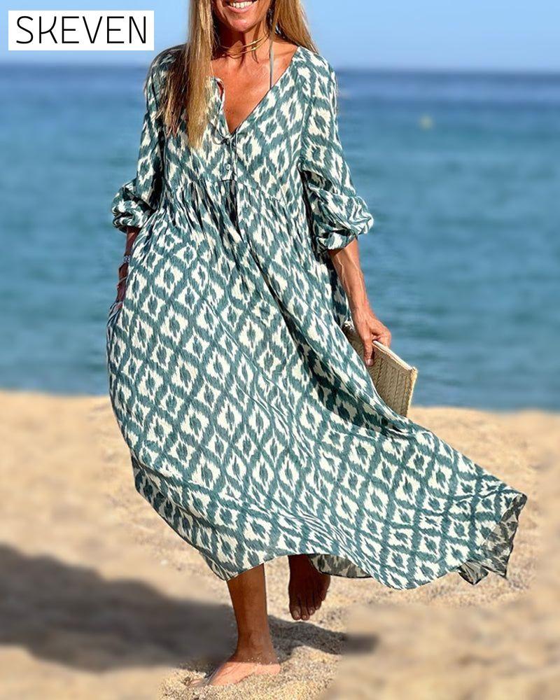 Square print v-neck dress Casual Dresses Clothes Dresses SALE Spring Summer