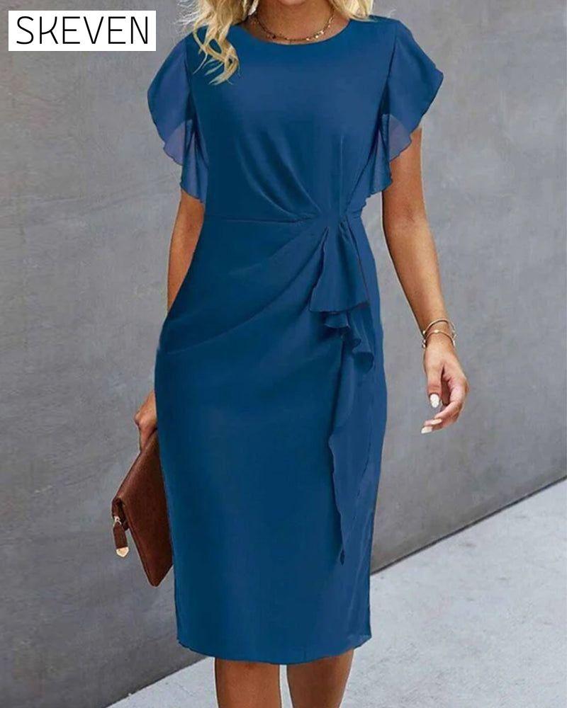 Elegant Ruffled Knee Length Dress Blue 23BF Casual Dresses Clothes Dresses Summer