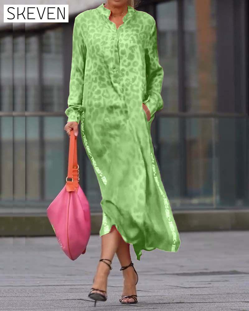 Long-Sleeved Leopard Print Slit Dress