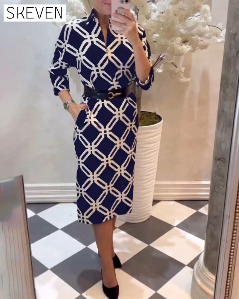 Geometric print side slit elegant dress