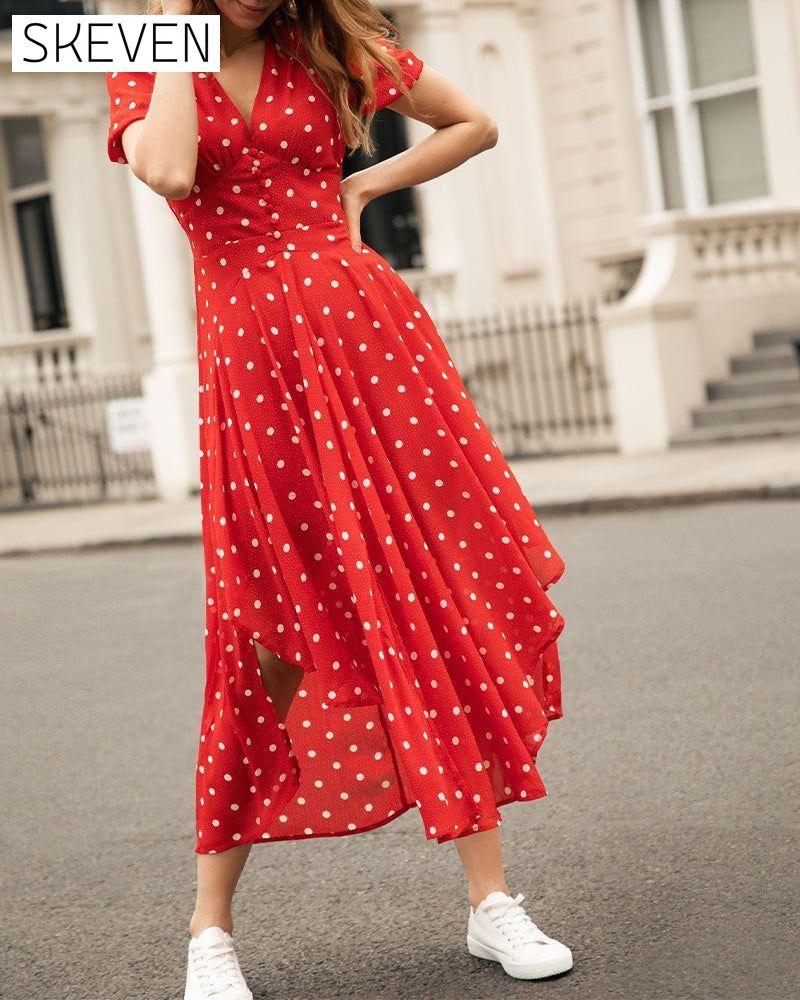 Romantic polka dot print waist dress 23BF Casual Dresses Clothes Dresses Elegant Dresses Summer