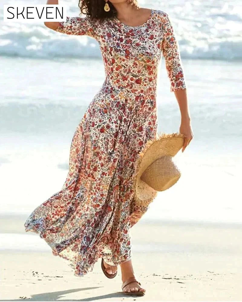 Floral Print Dress with 3/4 Sleeves Red 23BF Casual Dresses Clothes Dresses