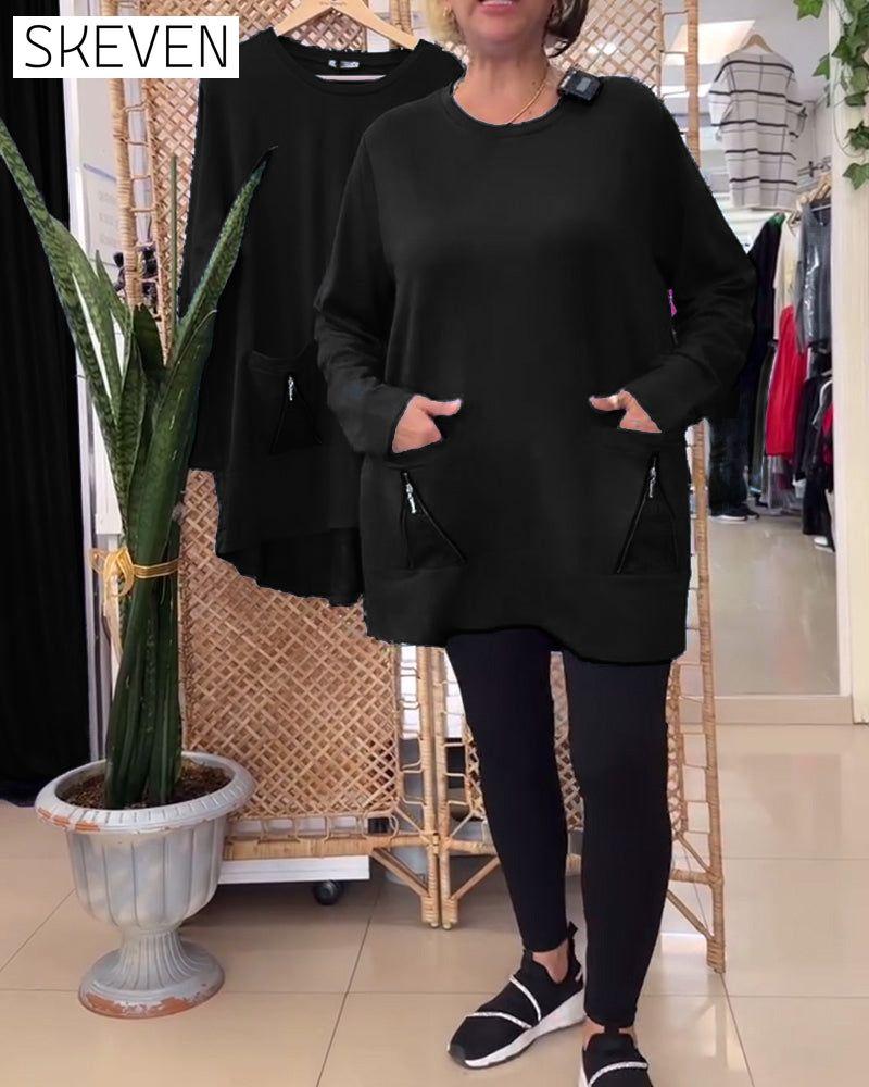 Round Neck Solid Color Zipper Pocket Sweatshirt