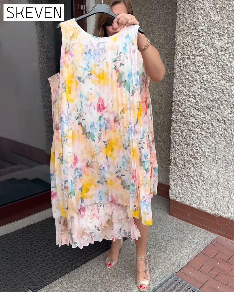Sleeveless Pleated Floral Dress