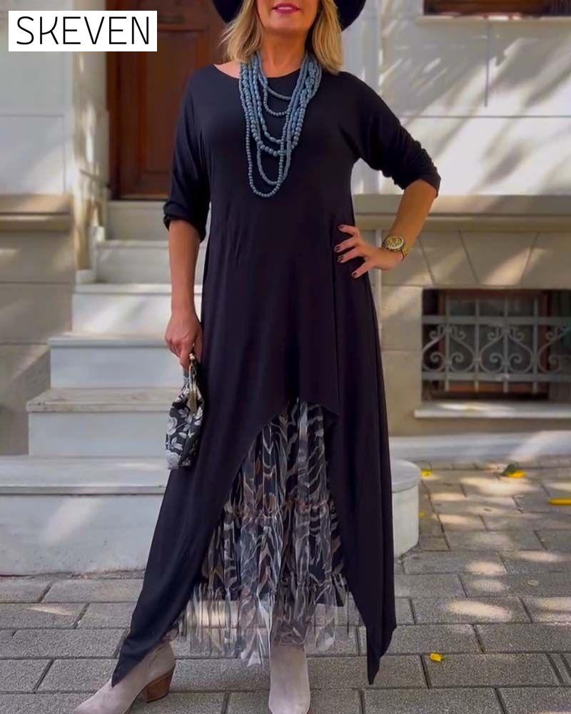Robe asymétrique unie à manches longues
