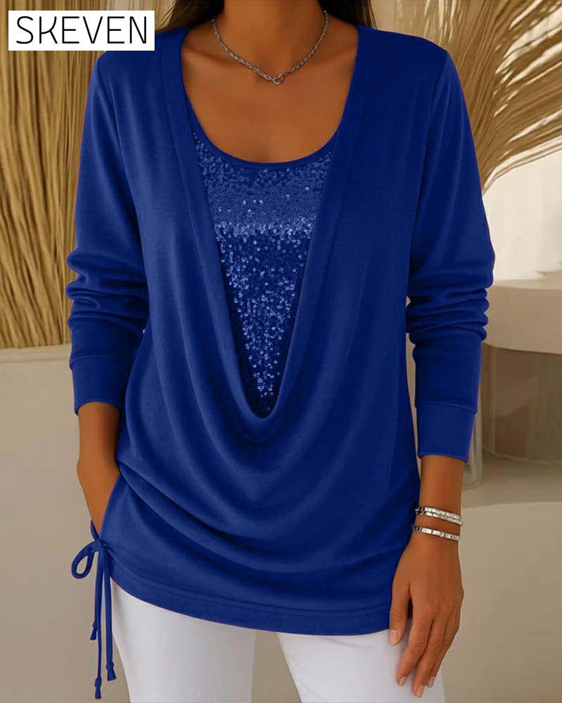Sequin Contrast Color Faux Two-Piece Top
