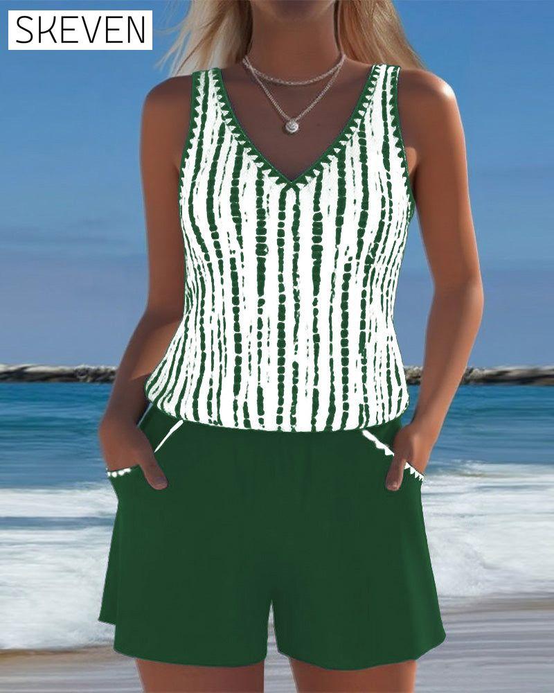 Casual Pocket V-Neck Printed Two-Piece Swimsuit