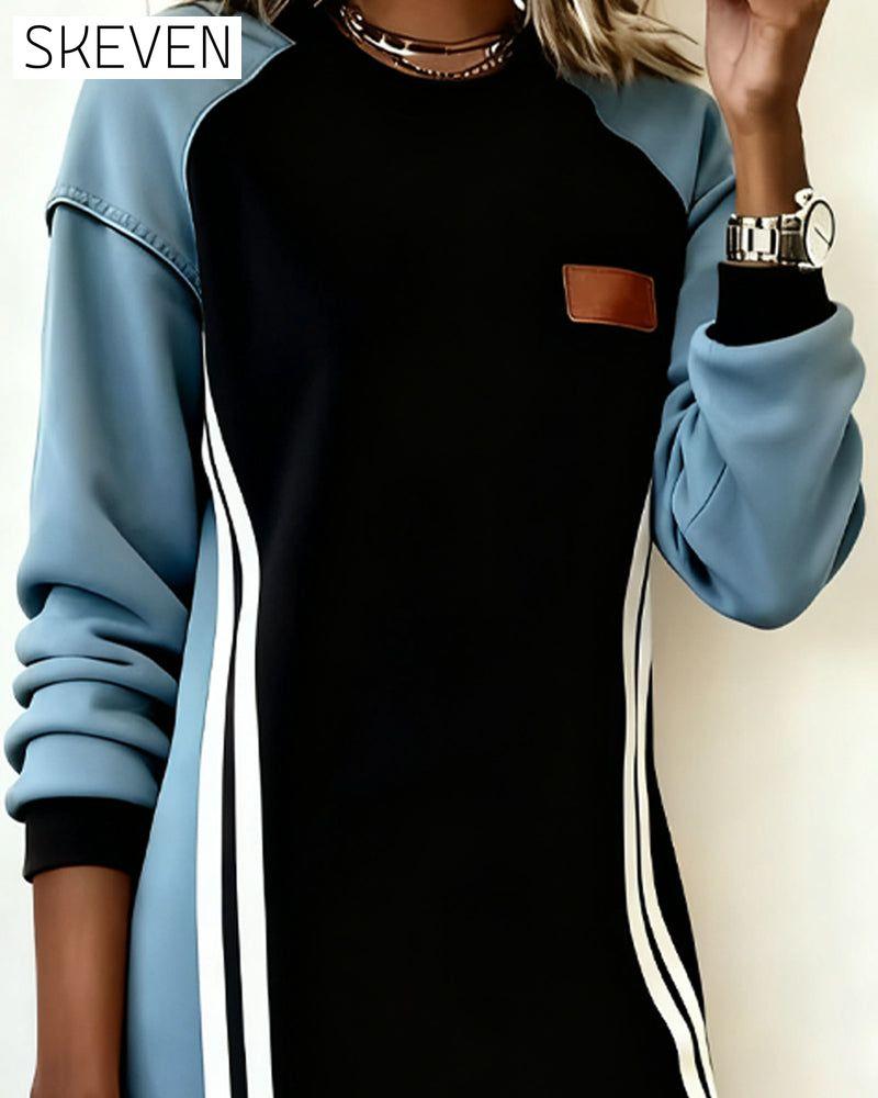 Long-Sleeved Color Block Round Neck Straight Dress