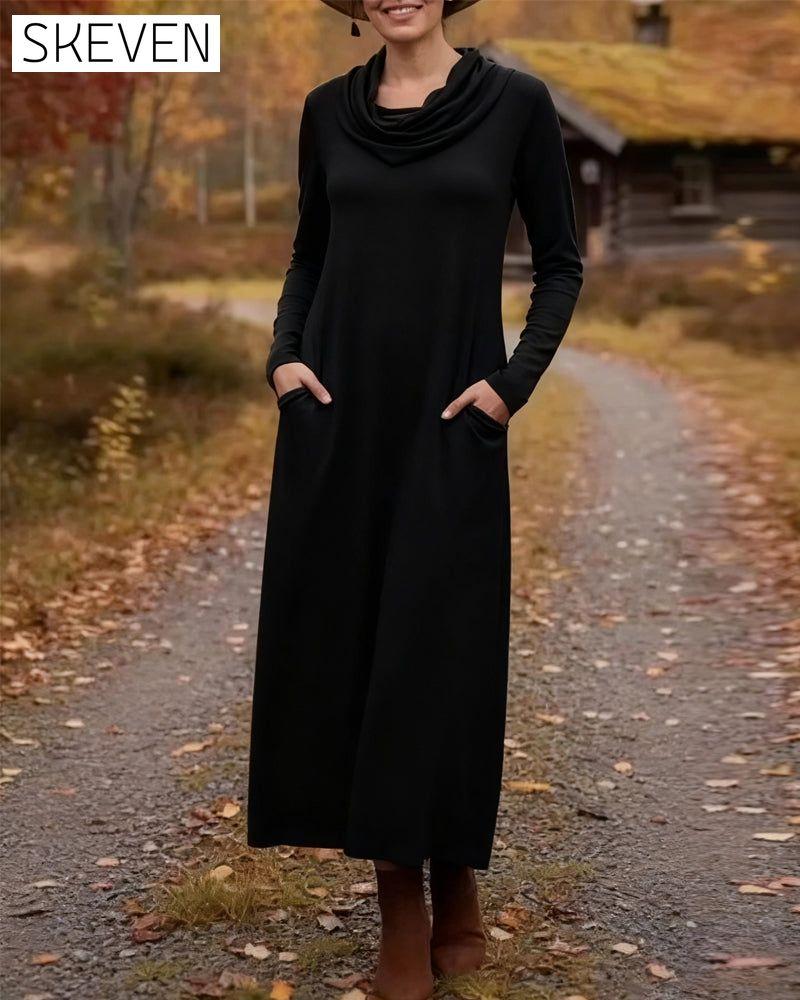 Lässiges, schlichtes, einfarbiges Kleid mit Tasche