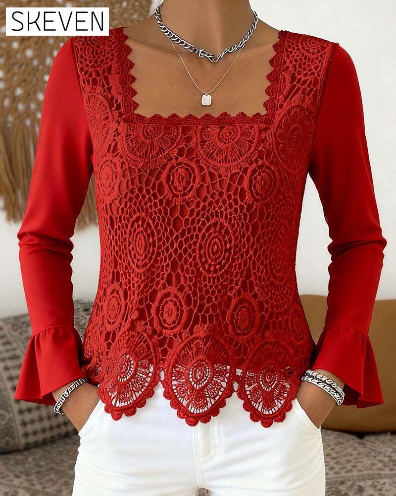 Gehäkelte Patchworkbluse mit weitem Ausschnitt
