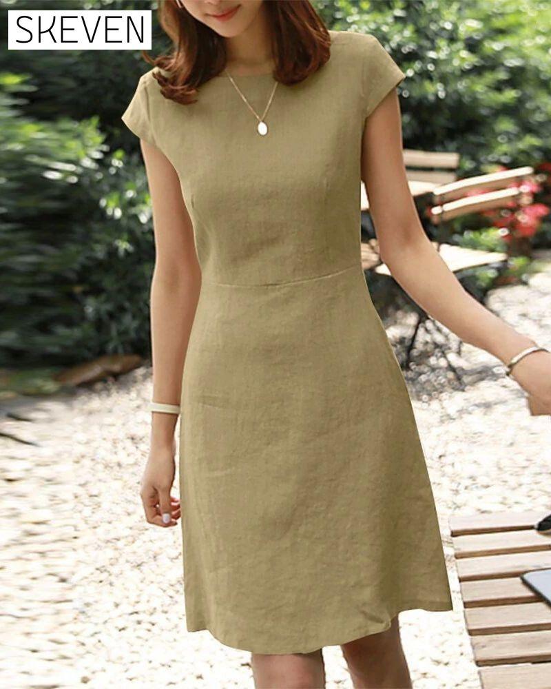 Cotton and linen solid color short-sleeved dress Green 23BF Casual Dresses Clothes Cotton and Linen Dresses Summer